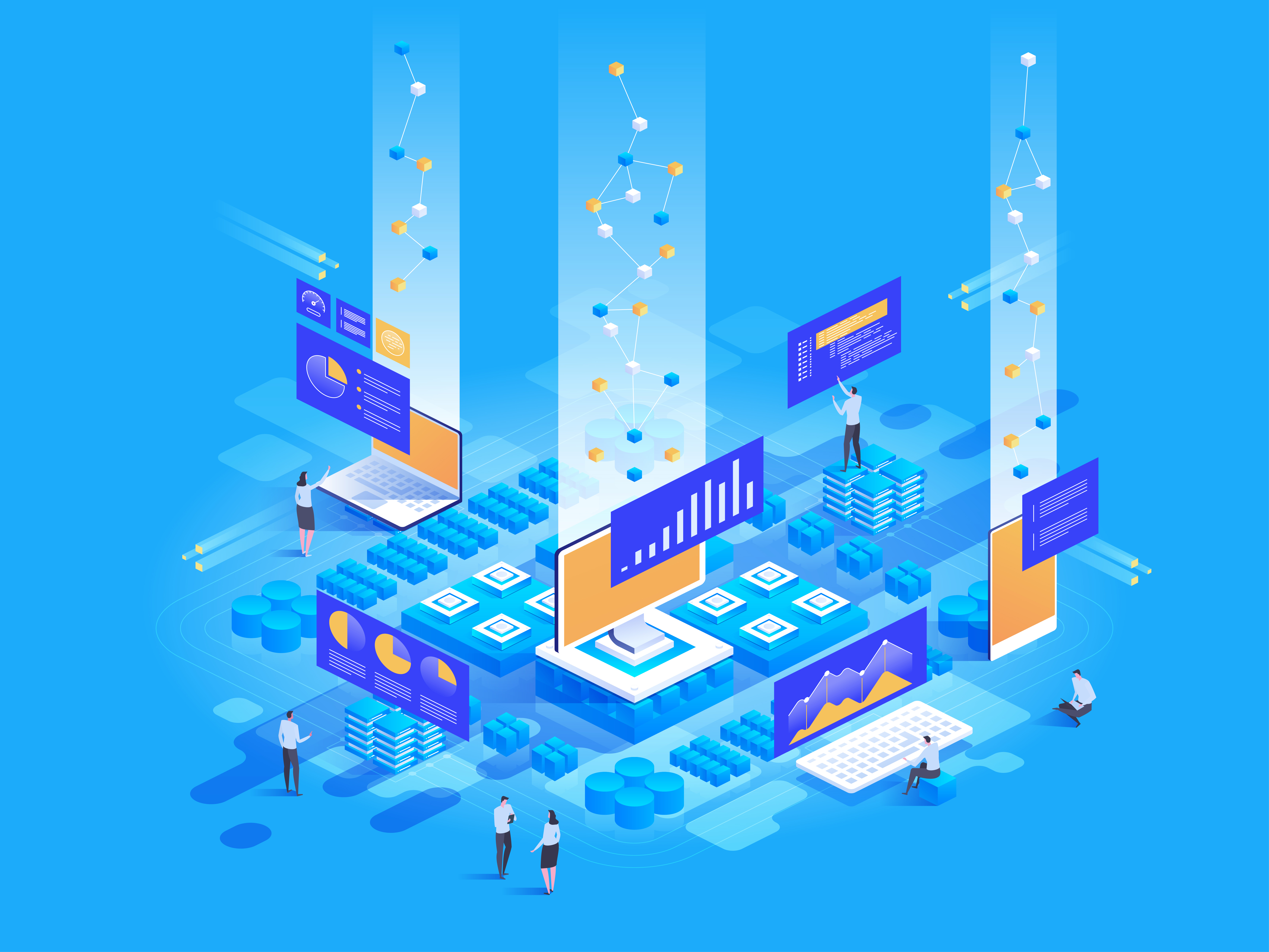 Data visualization concept. People interacting with charts and analyzing statistics. 3d isometric vector illustration.