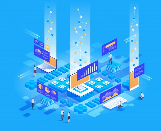 Data visualization concept. People interacting with charts and analyzing statistics. 3d isometric vector illustration.